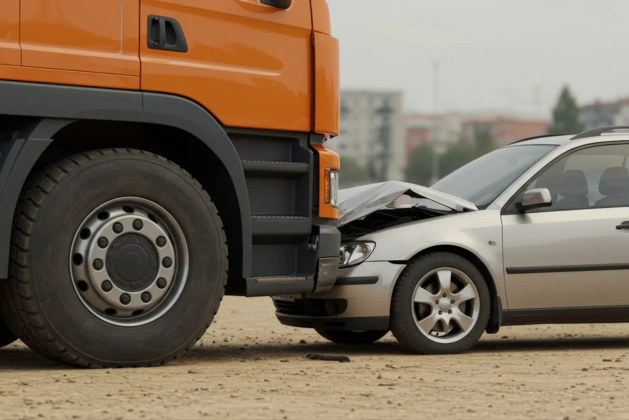 car accident between an orange truck and a passenger car traffic accident close-up